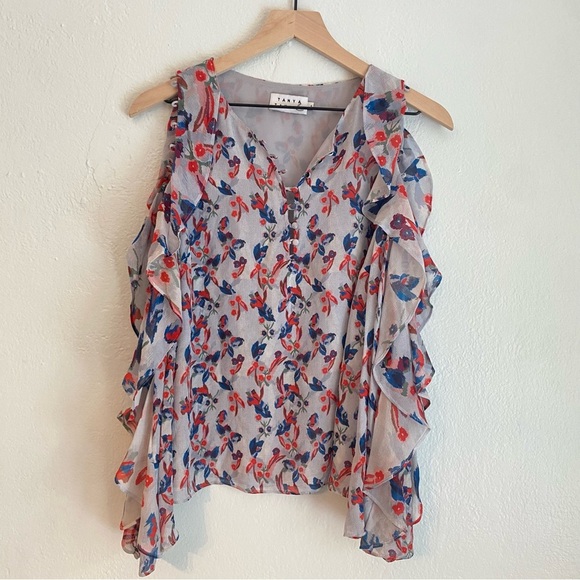 Tanya Taylor Asymmetrical Ruffled Blue and Pink Blouse - Picture 1 of 6